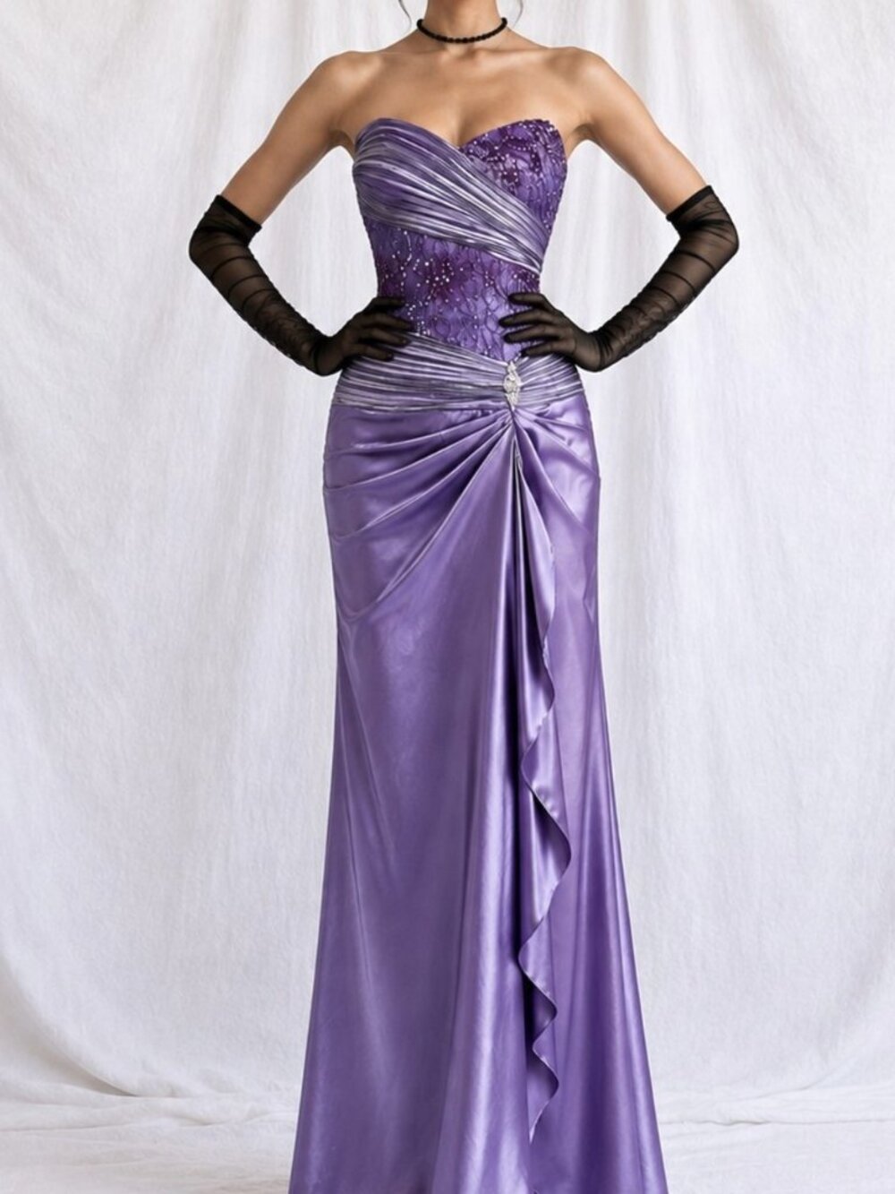 Vintage Y2K Purple Strapless Satin Lace Beaded Pleated Maxi Prom Dress Size S/M